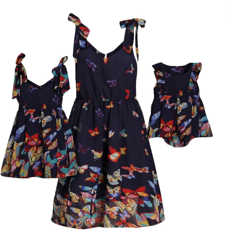 Mumetaz Mommy and Me Dresses Matching Set Floral Printed Bowknot Shoulder Straps Sleeveless Dress for Mother and Daughter