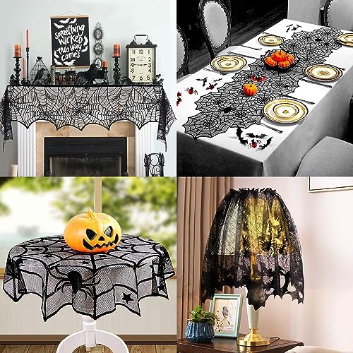 5Pack Halloween Decorations Indoor Halloween Decor Black Lace Table Runner Fireplace Mantel Scarf Round Tablecloth Cobweb Lampshade with 32 Pcs 3D Bat Wall Stickers 5