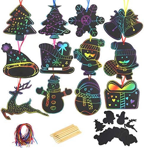 KATOOM Christmas Scratch Paper, 48pcs Magic Scratch Art Notes Paper with 12pcs Wooden Styluses and 48pcs Color Ribbons for Christmas Theme Kids Party Supplies DIY Crafts Decorations