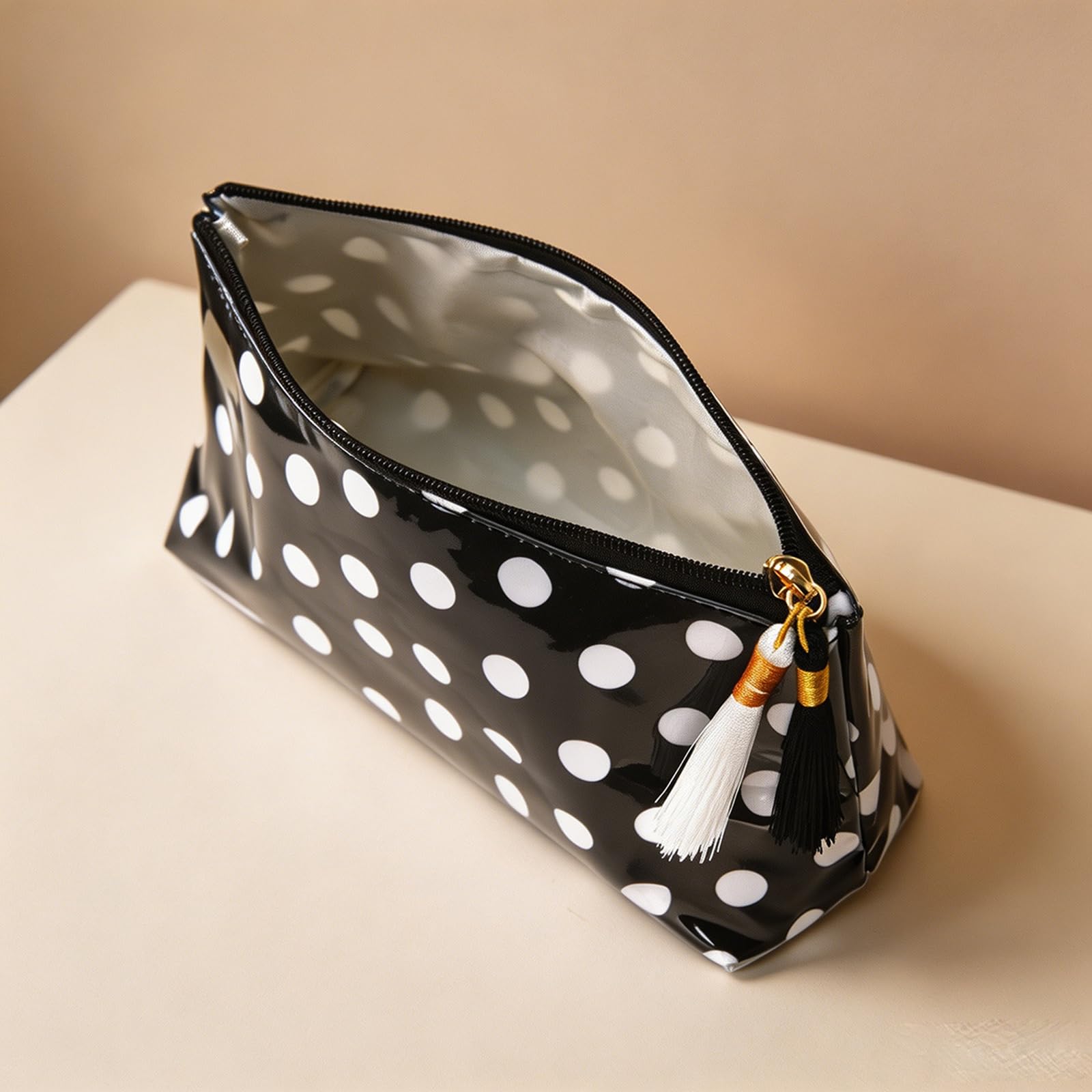 Make-up-Taschen für Damen, PVC, Retro-Motiv, gepunktet, Quaste,