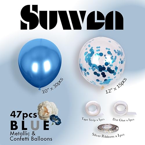 Miniatura 2 de SUWEN Juego de globos azules metálicos y globos de confeti, 47 unidades, helio, cromo, globos azul real, para decoraciones de fiesta de graduación