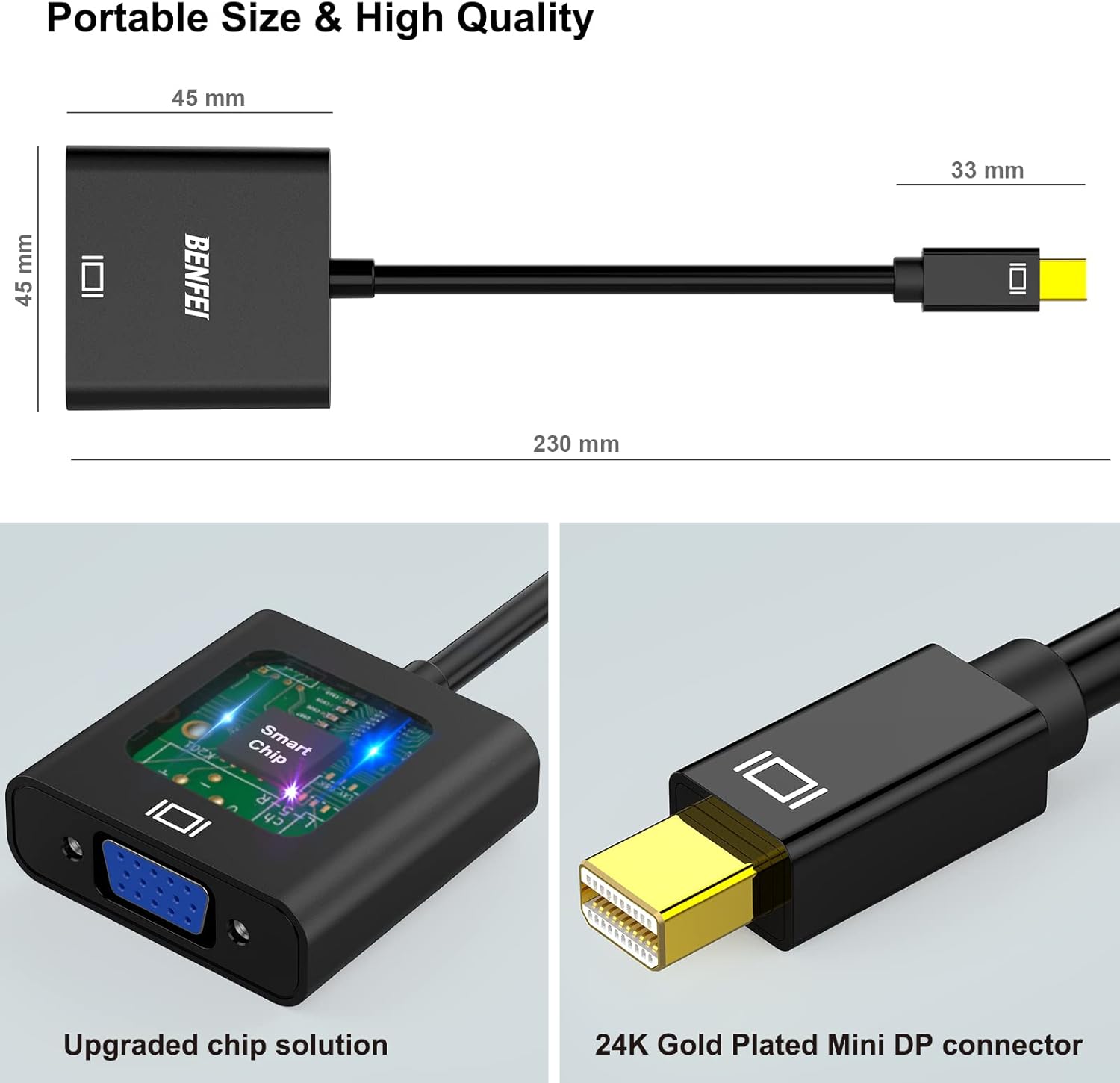Imatge que mostra la mida compacta de l'adaptador, un xip intel·ligent actualitzat i un connector Mini DP xapat en or de 24K.