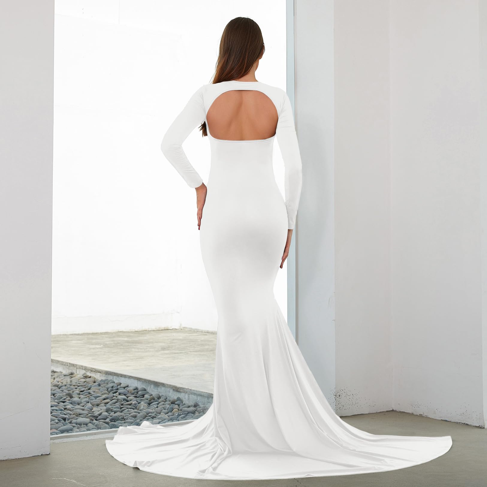 Bhome Umstandskleid für Fotoshootings Ausschnitt Rückenfrei Side Split Umstandskleid Maxikleid für Fotoshooting