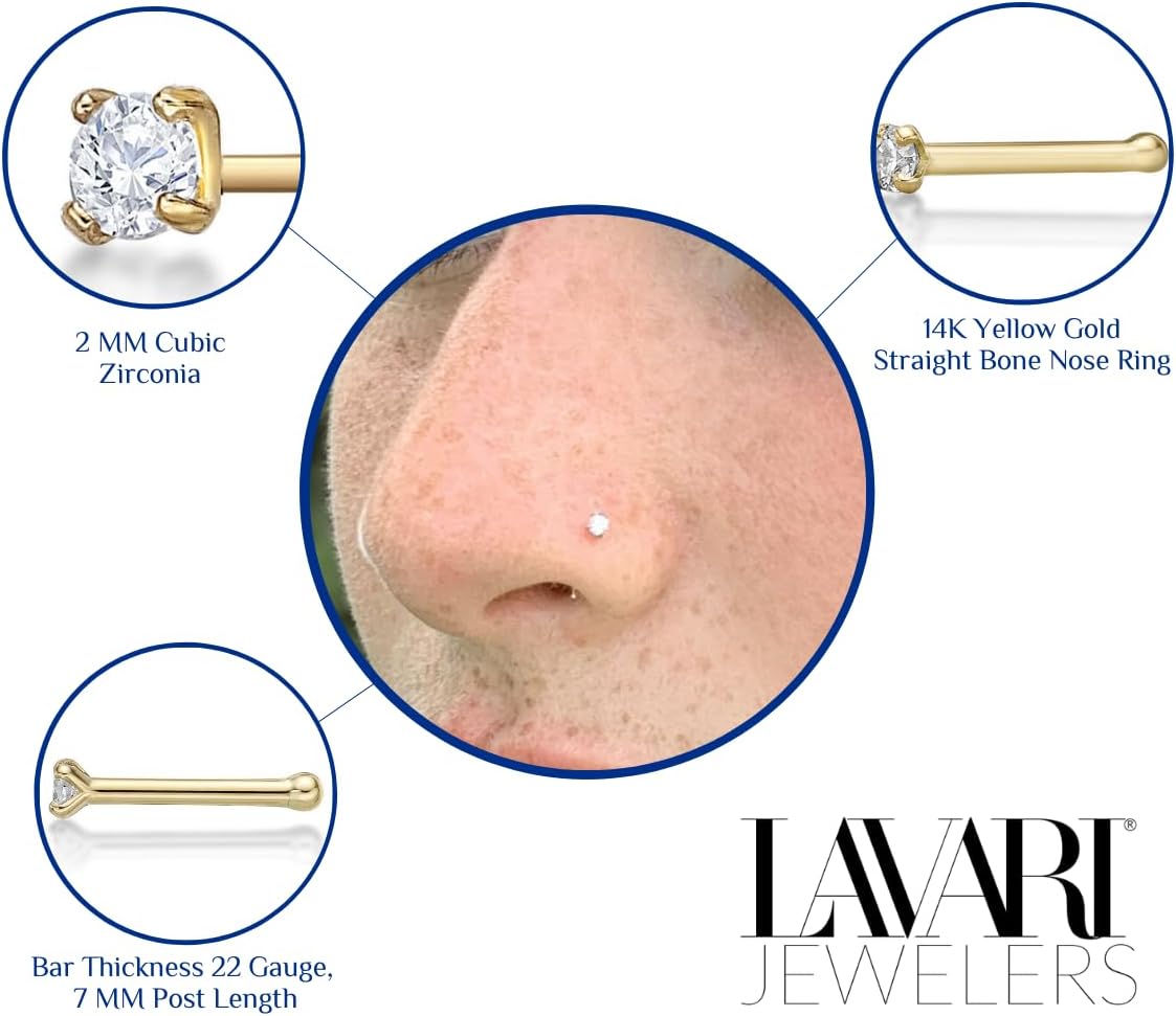 Lavari Jewelers 22 Gauge Straight Bone Nose Stud for Women - 14k White or Yellow Gold 2 mm Cubic Zirconia Nose Ring for Her - Unisex Hypoallergenic Nostril Piercing Jewelry - 22G Body Piercing for Men