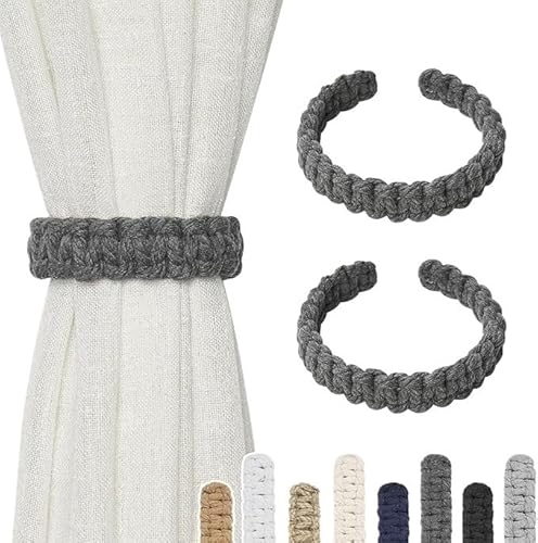 2PCS Natural Jute Rope Curtain Tiebacks Farmhouse Rustic Style Decorative Drape Tie Backs Handmade Braided Holdbacks(Grey)