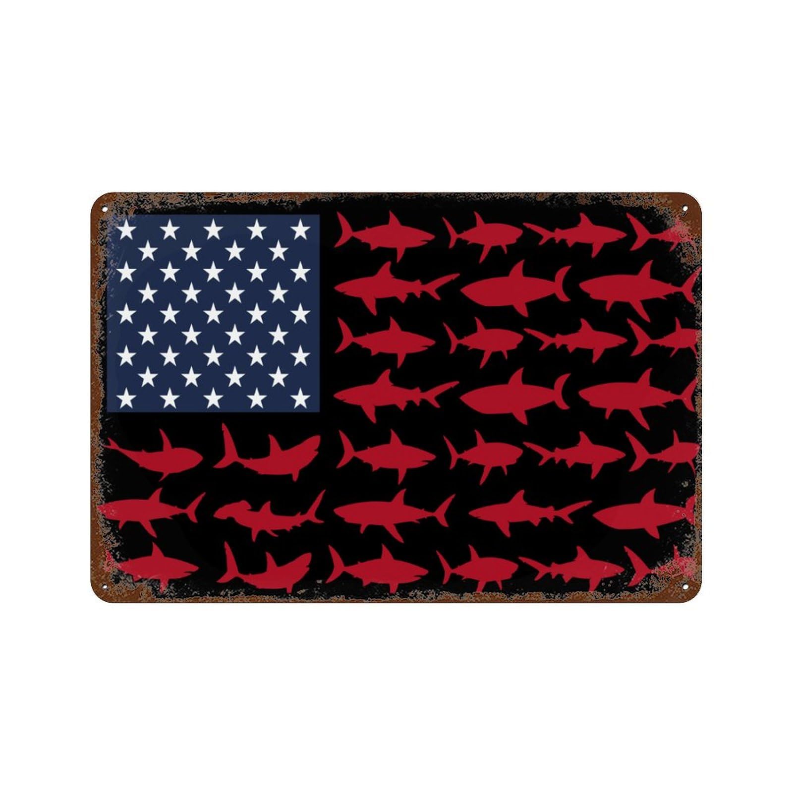 KWQDOZF Fish America Flag Theme Metal Tin Sign,Vintage Iron Hanging Plate Horizontal with Rust Poster Wall Decor 8x12inch