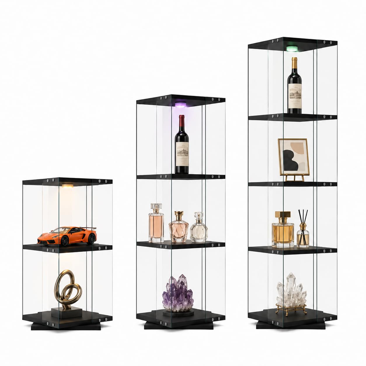 Vetrina girevole in vetro con illuminazione a LED, girevole a 360°, per statuette, giocattoli, vino, libri, 38 x 38 x 160 cm