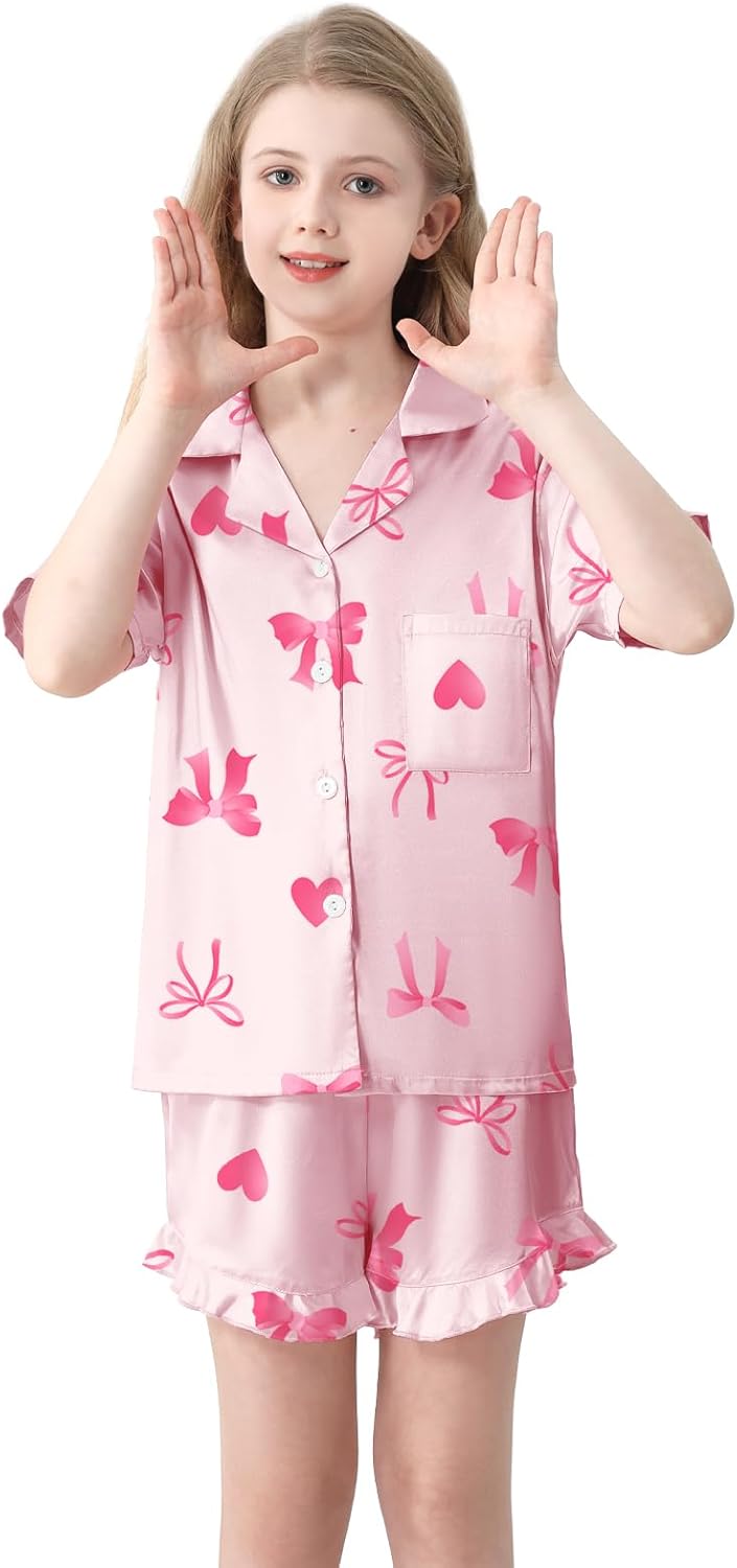 QZH.DUAO Girls Satin Pajamas Set Button Down Silk 2 Piece Pj Sets Ruffle Short Sleeve Sleepwear - Image 2