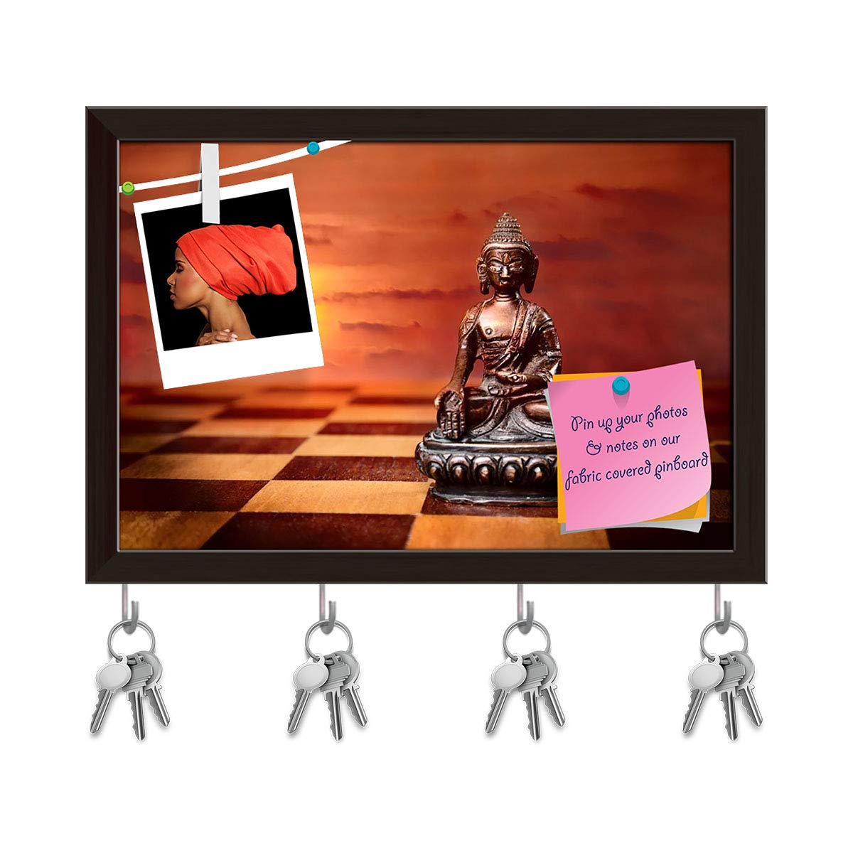 ArtzFolio Bronze Buddha Sitting in Padmasana Bulletin Notice Pin Board | Vision Soft Board | Inbuilt Key Holder Hooks | Dark Brown Frame 17.5 x 12 inch (44 x 30 cms)