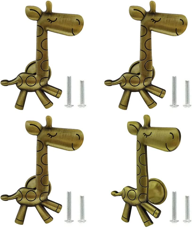 brandname Giraffe Knobs 4 Pcs Cute Animal Drawer Pull Kitchen Cabinet Closet Wardrobe Dresser Cupboard Door Handle Decoration Furniture Bedroom Home Office Accessories (Bronze)