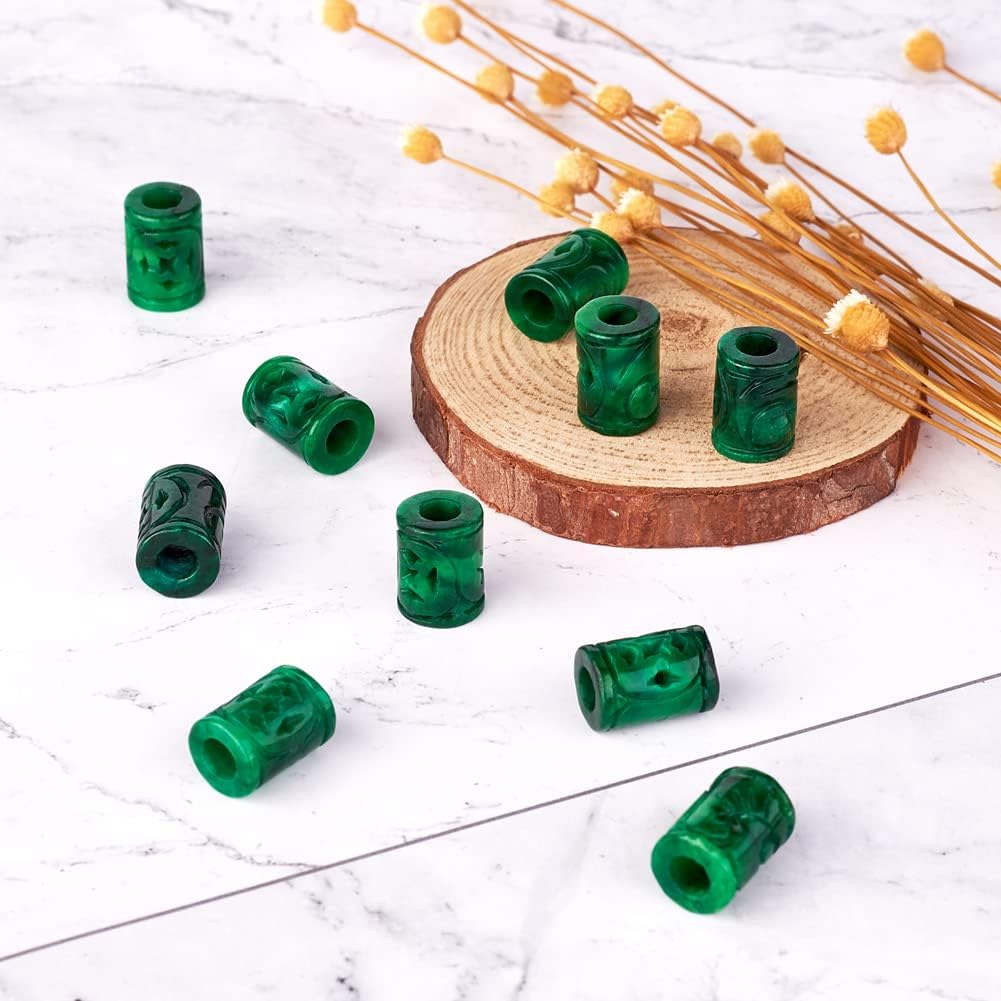 Fashewelry 10Pcs Natural Myanmar Jade Stone Large Hole Beads Engraving Carved Filigree Europeam Charm Beads Tube Column Shape Healing Chakra Gemstone Hollow Loose Spacers for Jewelry Making 5mm Hole - Image 8