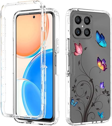 Miniatura 6 de Ueokeird Funda para Honor X8 (no compatible con 5G) TFY-LX1 con protector de pantalla de vidrio templado, patrón de mariposa transparente de cuerpo