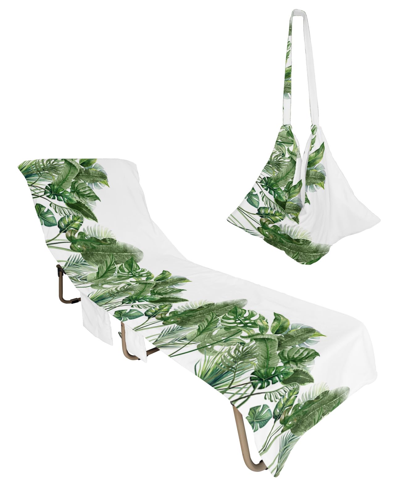 Green Palm Leaves Botanical Beach Lounge Chair Towel Cover, Soft Chaise Lounge Towel with Side Pockets Patio Pool Chairs Cover for Beach/Pool Sunbathing 29x85 Summer Tropical Plants