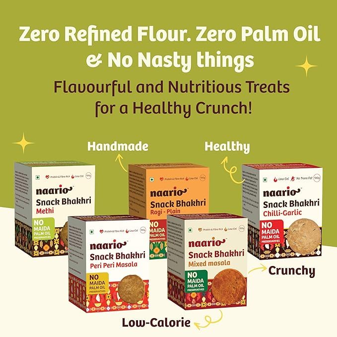 Image of Naario Peri Peri Crackers (12 Calories /pc) Healthy Snack for Kids and Adults | High-Fibre, Whole Wheat Baked Bhakhri Spicy Flavour | Perfect for Guilt-Free Munching | 100g Pack of 4