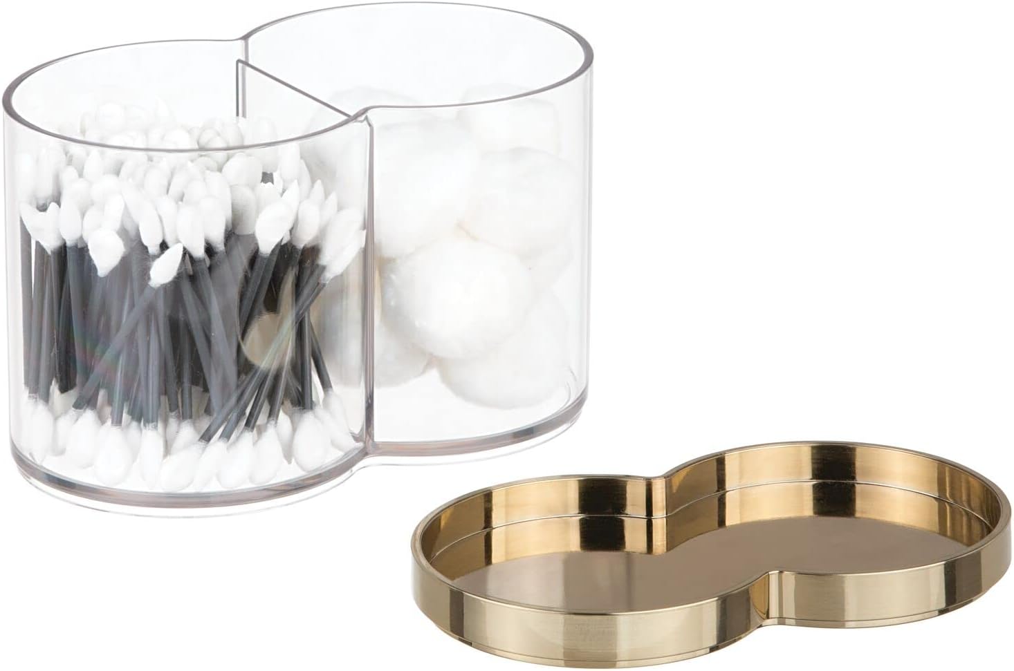 mDesign Plastic Bathroom Vanity Countertop Canister Jar, Storage Lid - Stackable, Divided, Double Compartment Organizer for Cotton Balls, Swabs, Bath Salts - 2 Pack - Clear/Soft Brass