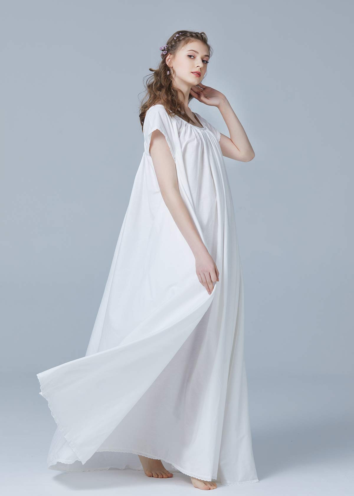 BEAUTELICATE Robe De Nuit 100% Coton Longue Chemise De Nuit à Manches Courte Victorienne Rétro Romantique Pleine Longueur A-Line Grande Taille pour Été Femme Mariée Ivoire