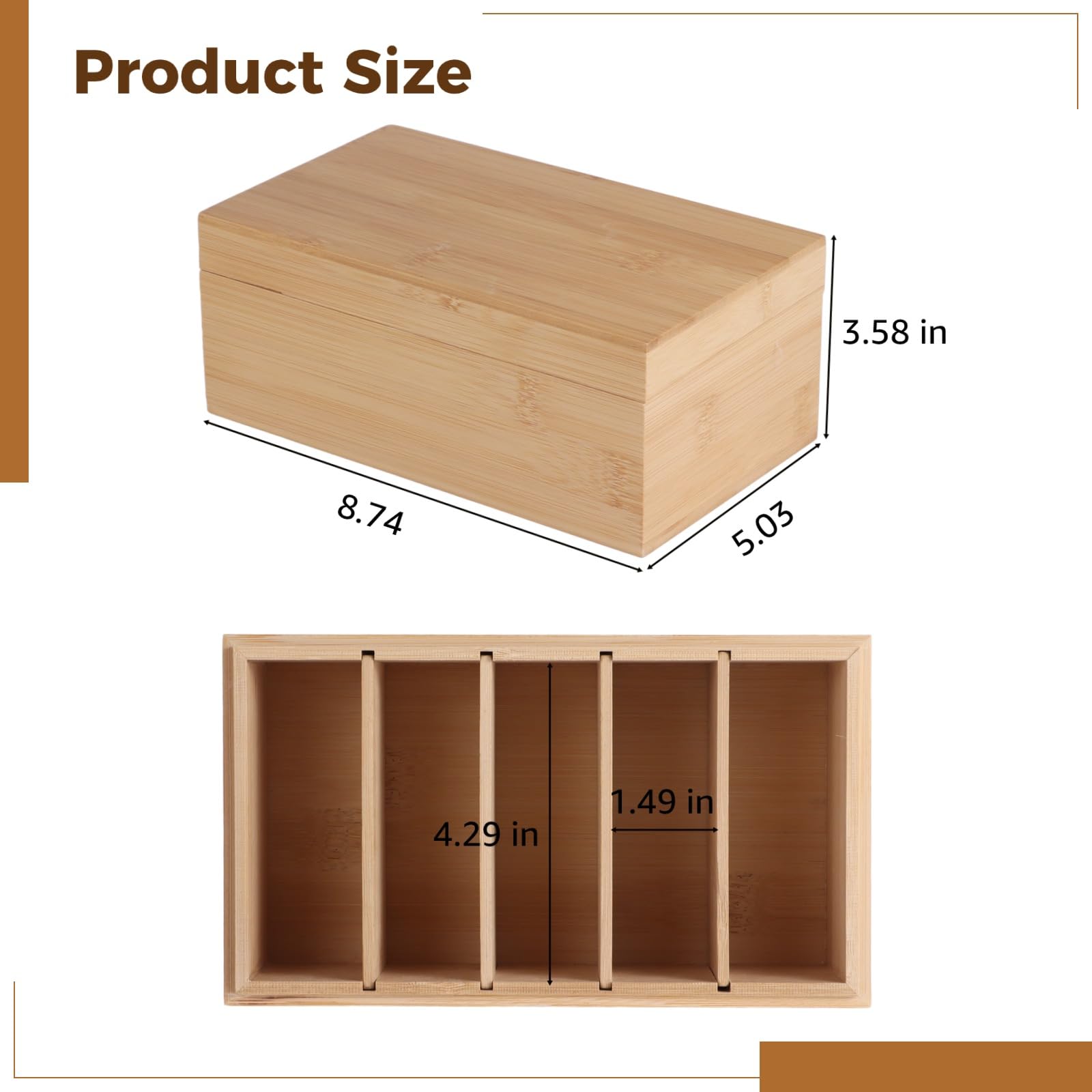 Karteikasten aus Holz mit Deckel, Lernkartenbox aus Holz, Organizer, 5 Fächer, verstellbare Trennwände, Desktop-Aufbewahrung für Visitenkarten, Lernkarten, 22,2 x 12,8 x 9,1 cm