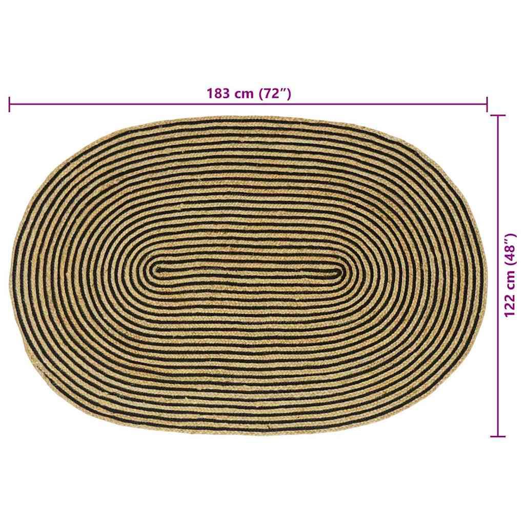 Tapis ovale en jute - 122 x 183 cm - Tapis en fibres naturelles tissées à la main - Naturel et noir - Pour salon et couloir - Tapis tissé moderne de style bohème pour l'intérieur