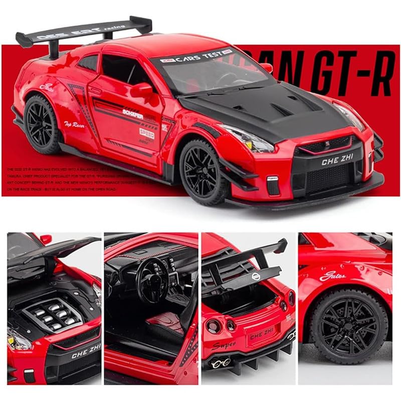 Image of Kids Model 1:32 Nessan R35 Die Cast Metal Car Pull Back Action Opening Doors with Realistic Engine Sound Lights Toy Car Gift for Boys - Multi