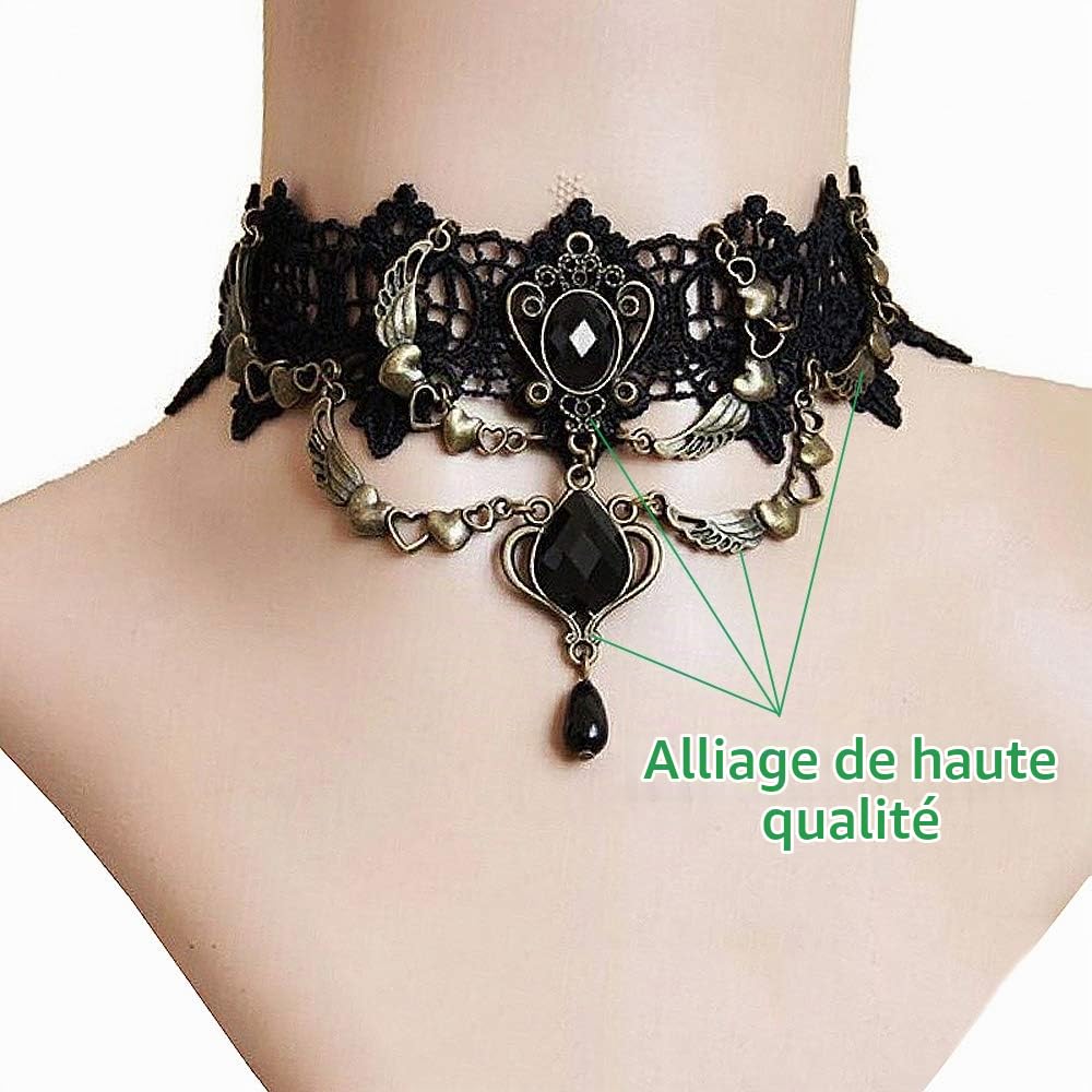Collier Tour de Cou Dentelle avec Bracelet Punk Party Gothic Vintage Fait Main Lolita Rétro Esclave Punk Vampire Victorien Pendentif pour Femmes Noires - Style 2