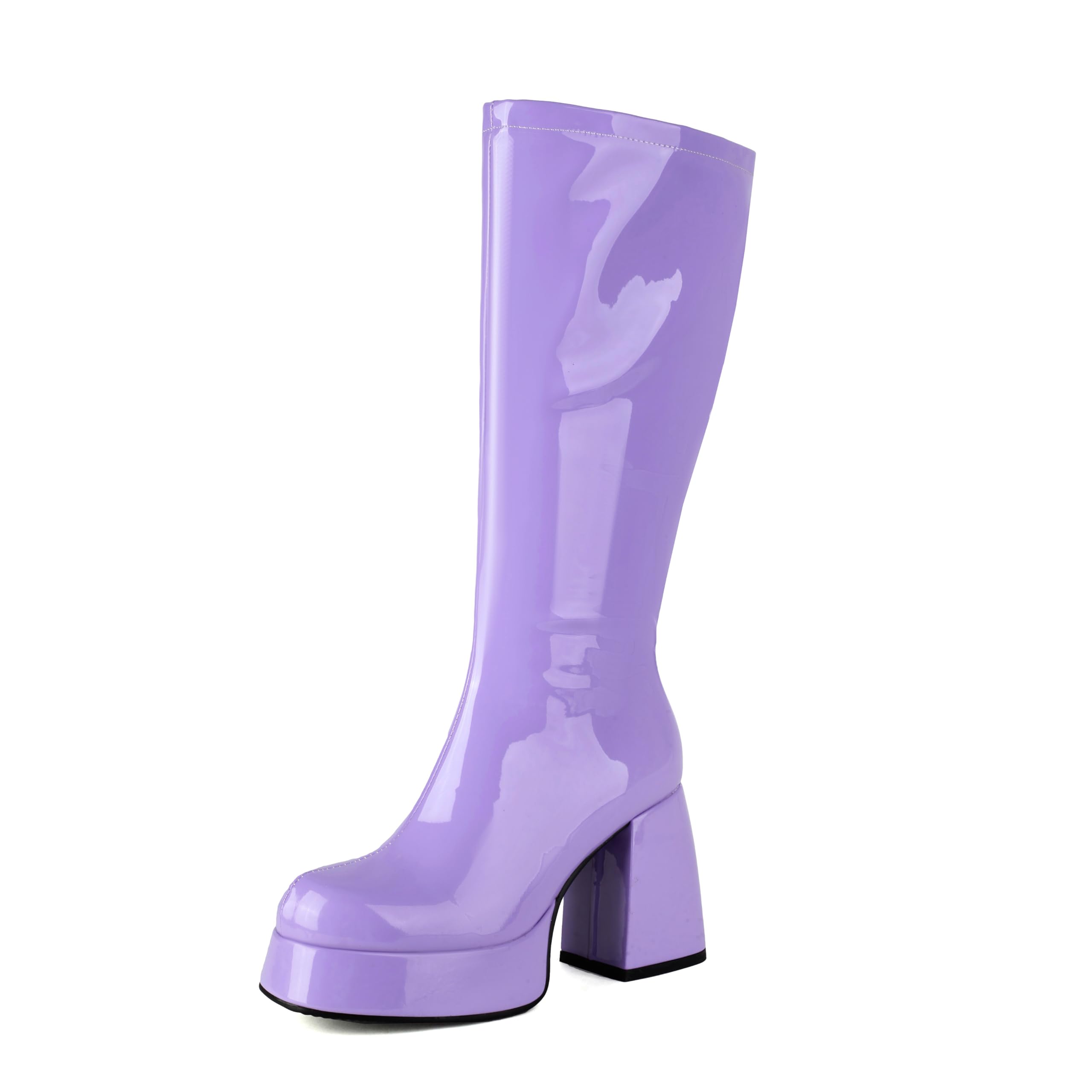 OAOKUSI Women's Gogo Boots Knee High Platform Chunky Heel Square Toe Patent Leather 70s Disco Costume Boots for Party Halloween Cosplay