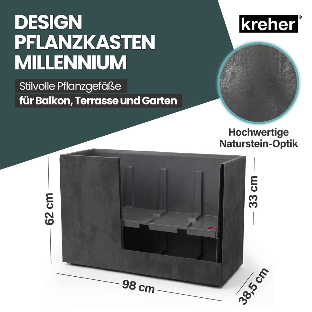 Kreher® XXL Sichtschutz Pflanzkasten hoch 93L - 98x38,5x62 cm - doppelwandig & rollbar, mit Entwässerungsstopfen - wetterfest - Naturstein Optik (3, Anthrazit)