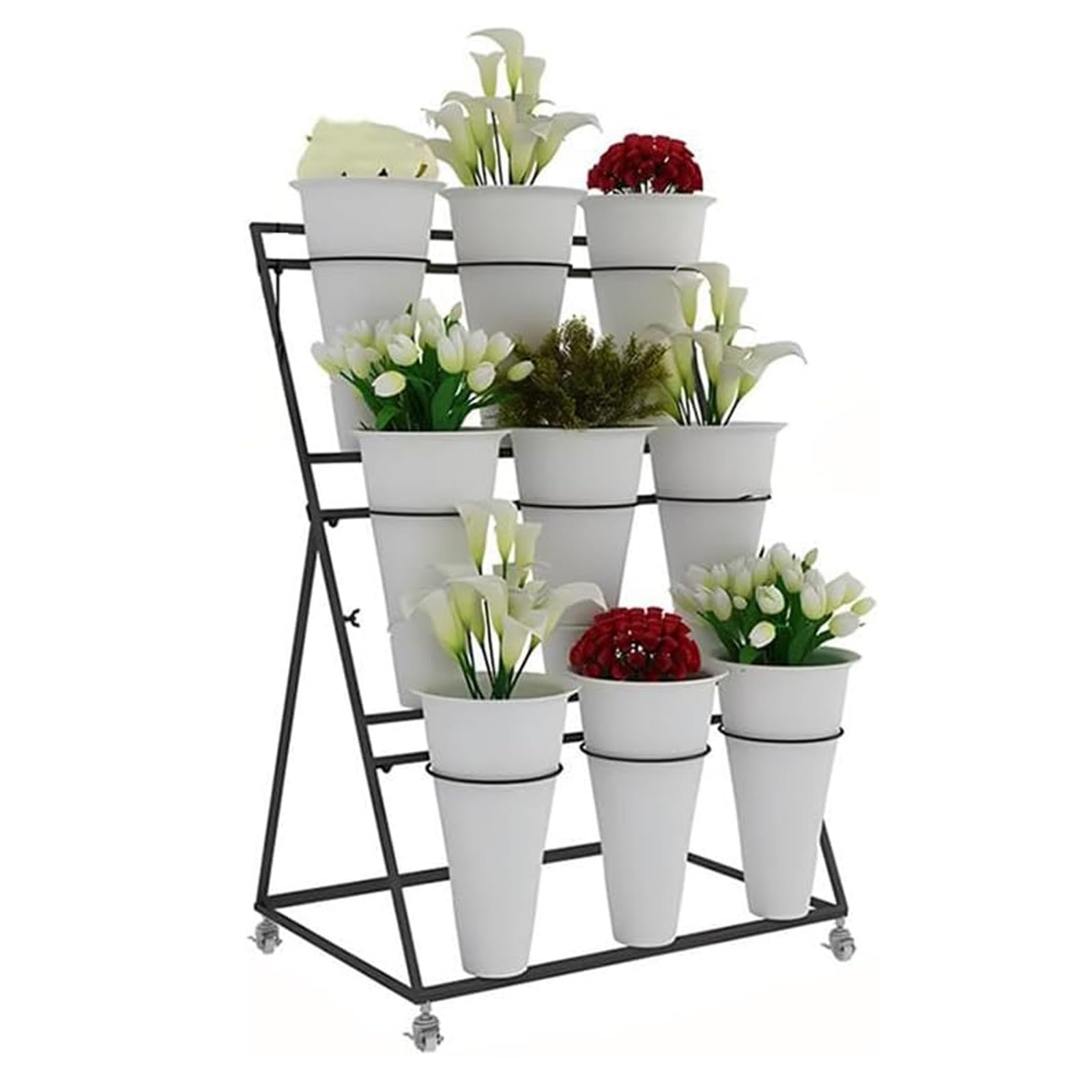 YUANCHUTOP Heavy Duty Metal Plant Cart with Wheels, 9-Bucket White Flower Display Stand for Weddings, Parties, Bridal Showers & Garden Events - Stylish Patio Decor