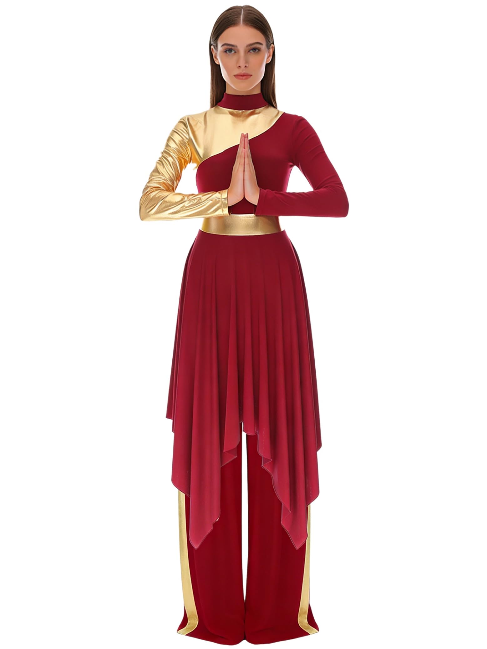 Traje de Danza Cristiana de Alabanza Festiva con Patchwork Brillante para Mujer Manga Larga con Vestido Ballet Lírico de Tul y Pantalones Anchos de Baile