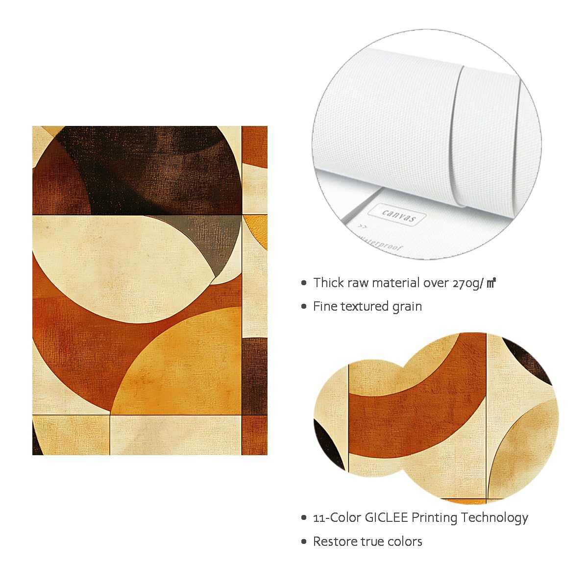 Cuadros en Lienzo Sin Marco Geometría Marrón, Pintura al Óleo Semicírculo Rétro Nórdico Contemporáneo para Salón Hogar 65x95cm