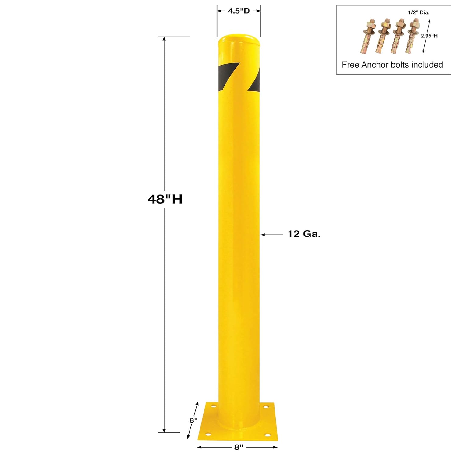 8NET Safety Bollard 48''Hx4.5''D, 12Ga (2.7 mm), Base-8x8'', Steel STK290, with 4 Free Anchor Bolts, Heavy Duty (27lbs / 12.2kg) Yellow Powder Coated Safety Parking Barrier Post