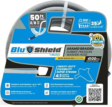 BluShield Aramid Braided Rubber Pressure Washer Hose, 4100 Psi, Handle 250F Hot & Cold Water, Heavy Duty, 35% Lighter, Flexible 3/8" x 50 Non Marking