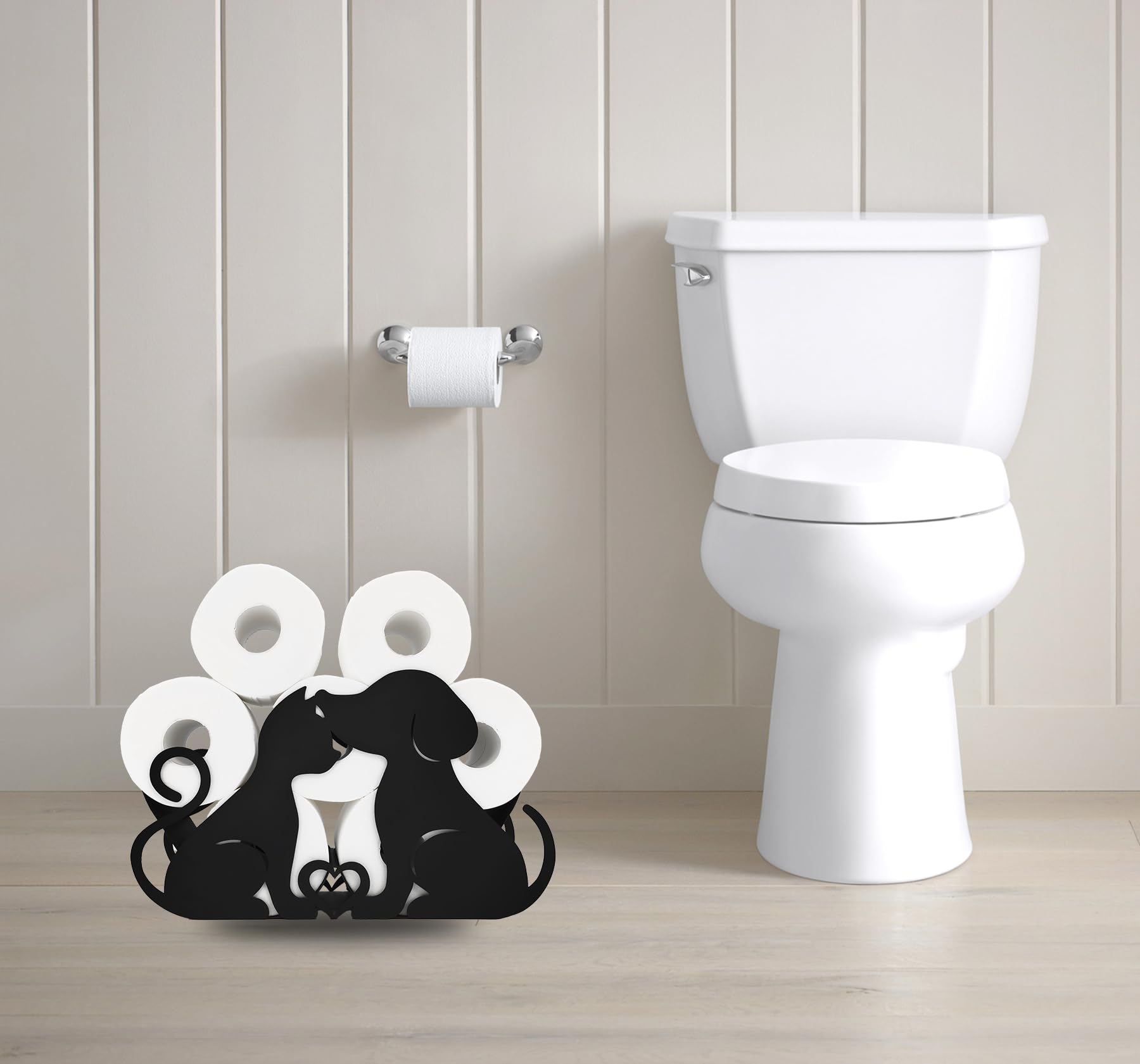 Lover Dog Porte-papier toilette décoratif en métal noir pour salle de bain, peut contenir 8 rouleaux supplémentaires