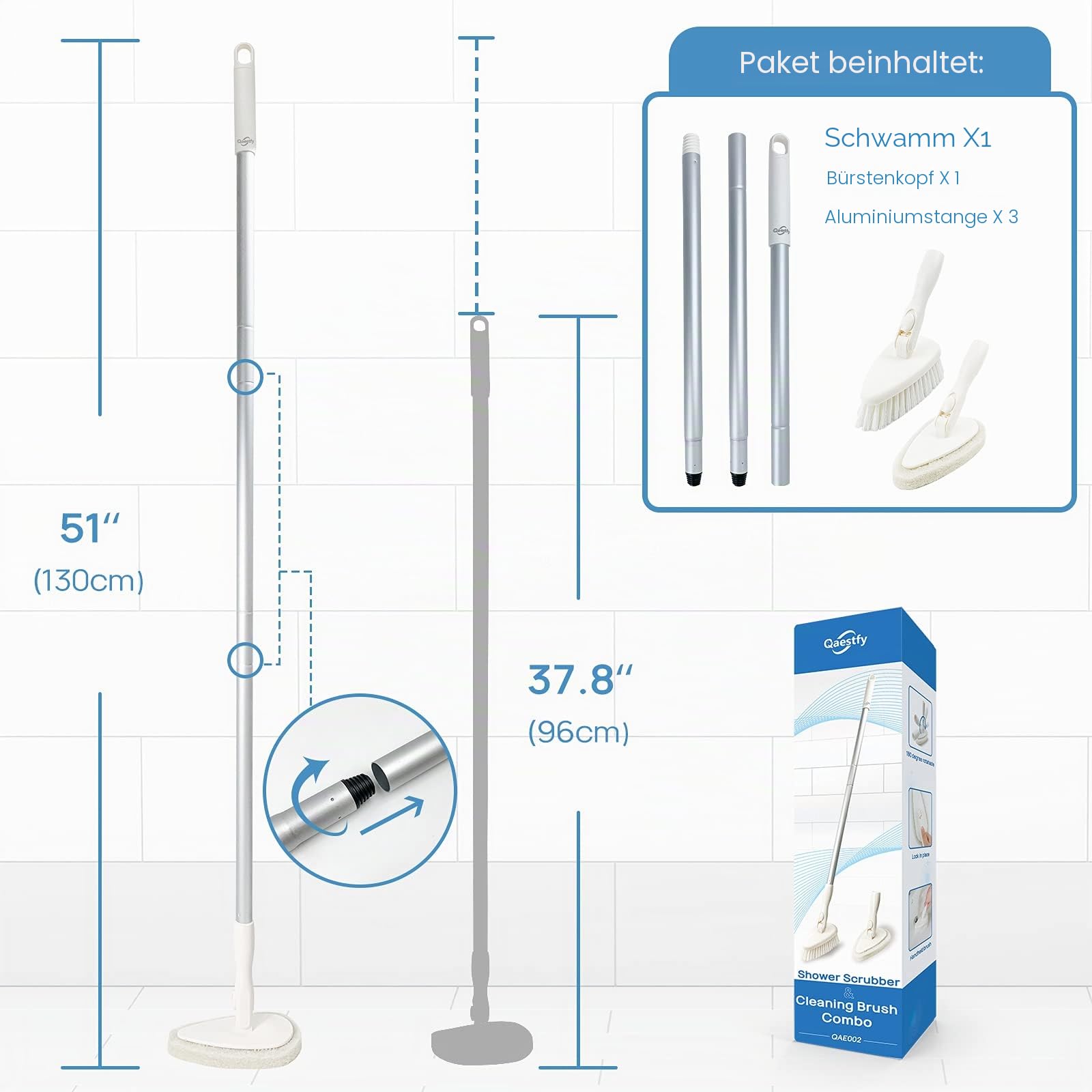 Qaestfy Reinigungsbürste Bad Dusche Schrubber mit Stiel Fliesenreiniger Borstenbürste Badreiniger mit 130cm Stiel für Duschwand Badewanne Badezimmer Toilette Wand Boden