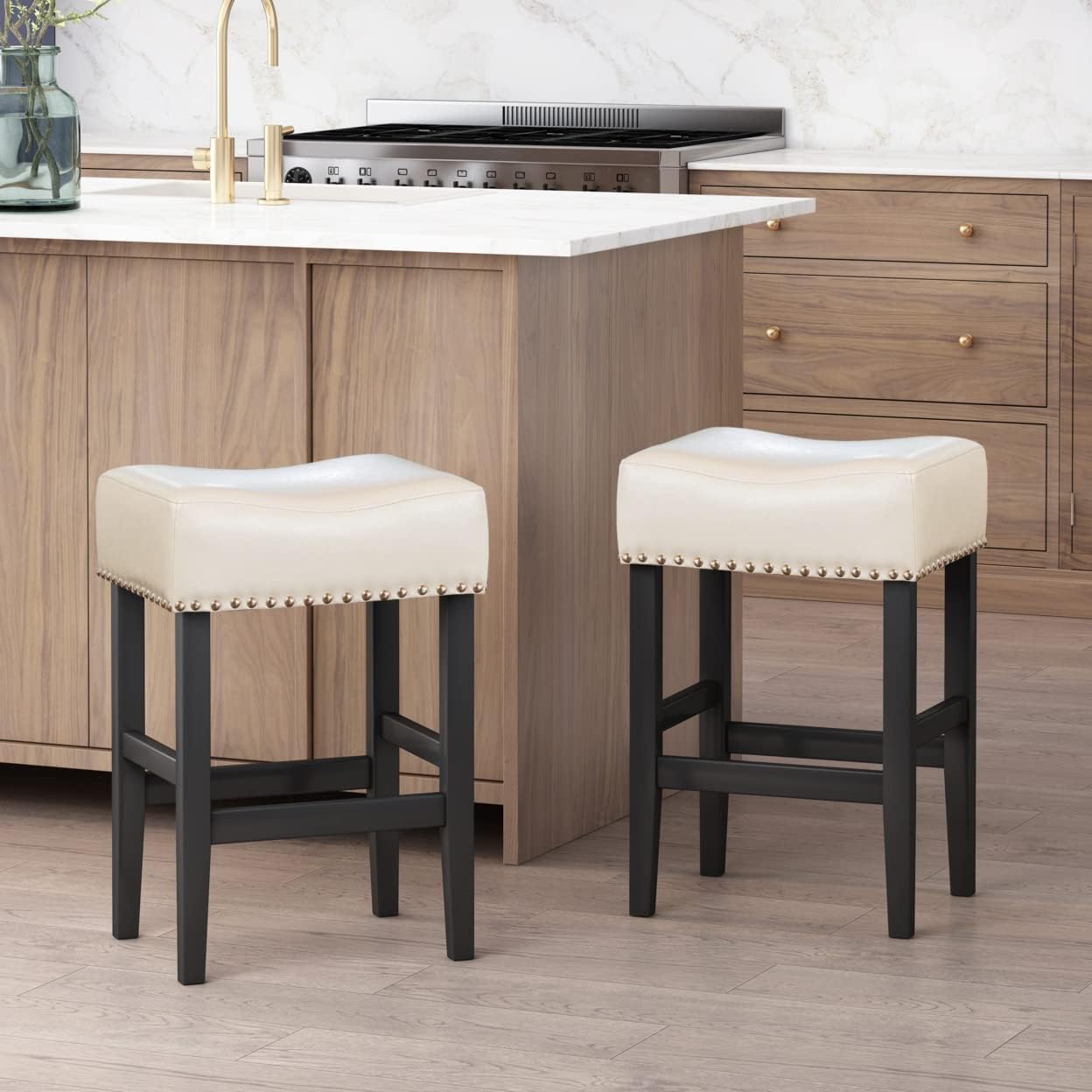Christopher Knight Home Lisette Backless Leather Counter Stools, 2-Pcs Set, Ivory