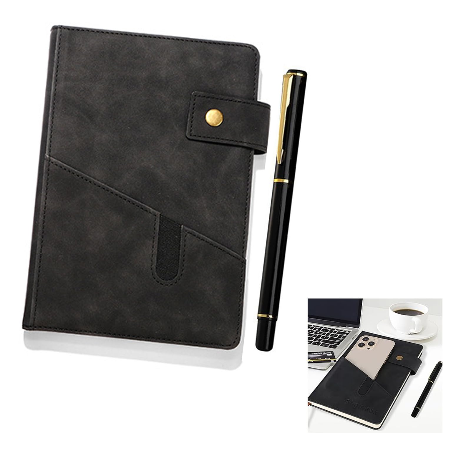 Hkmuisry Notebook and Pen Set Black A5 Lined Leather Journal Notebook 200 Pages 100 Gsm Thick Ruled Paper, Personal Organiser Leather Journal for Men Women School, Travel, Business, Work, Writing