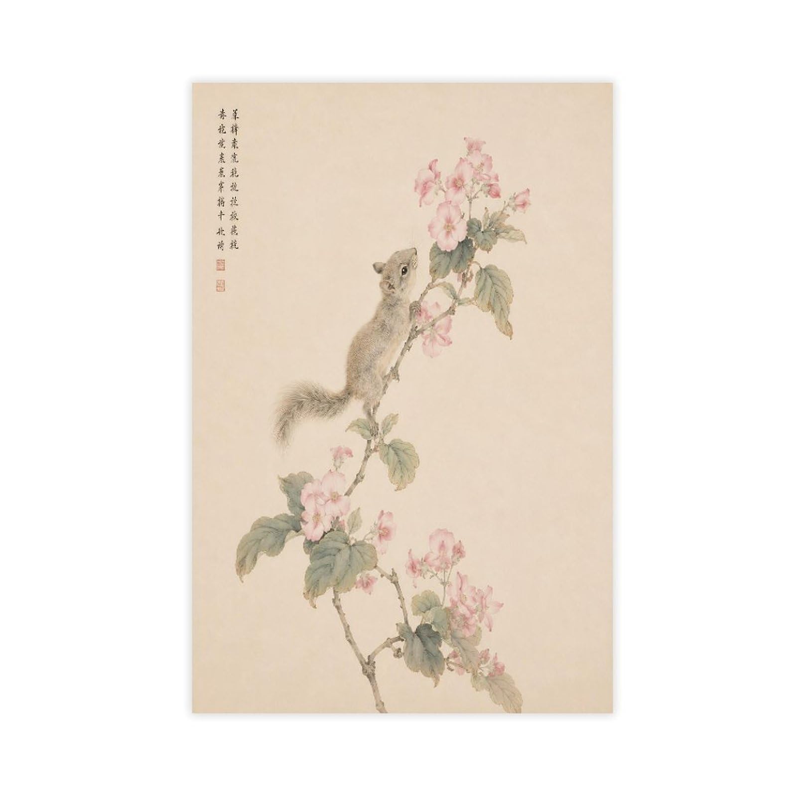 H3b8u2y5 Unframe-Style-11 Mouse On Blossom Branch Canvas Wall Art, Gongbi Painting Sofa Area