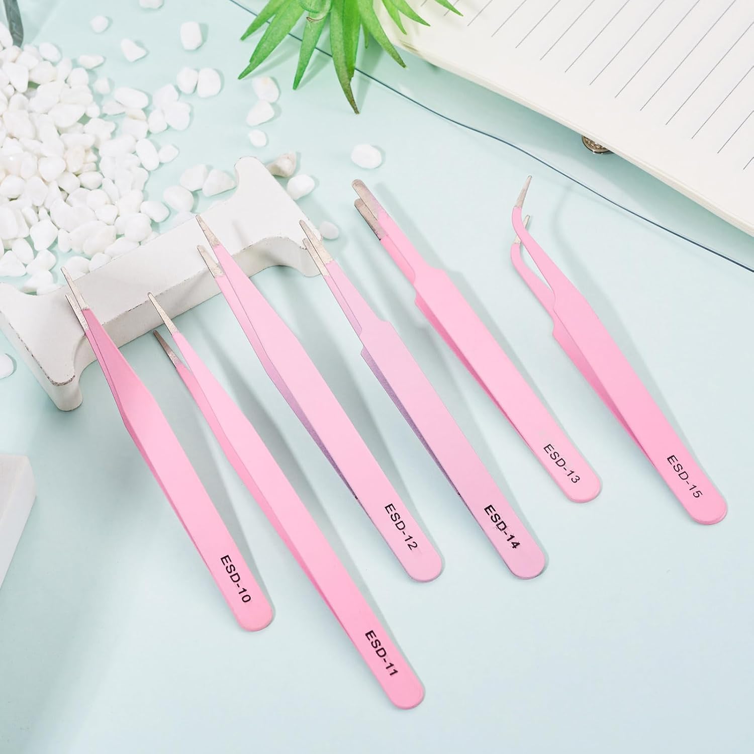 6pcs Safe Precision Tweezers Stainless Steel Craft Tweezer for Jewelry Making Laboratory Work Electronics, Pink