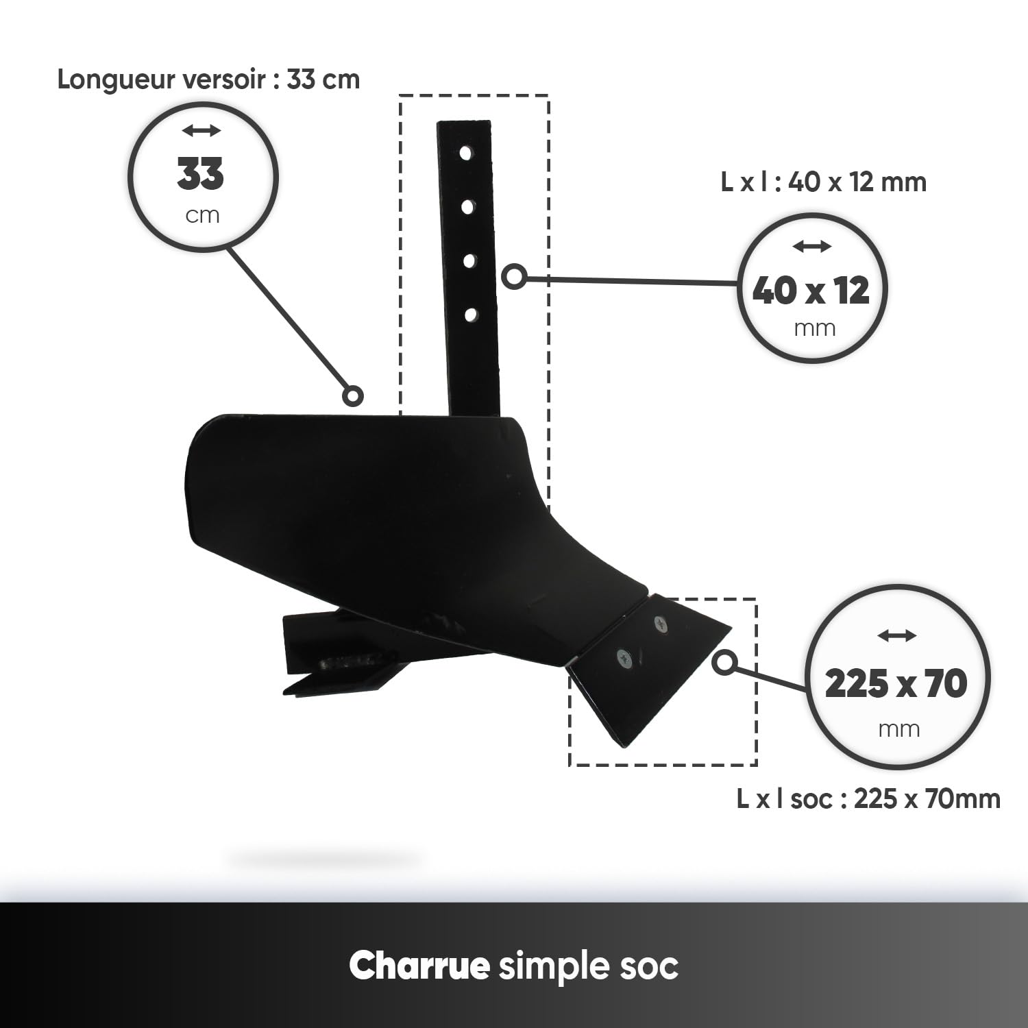 GREENSTAR – Arado Simple Soc (225 mm x 70 mm) – Accesorio para motocultores – con vertedero, 33 cm, varilla 40 mm x 12 mm – Diámetro de 10 mm