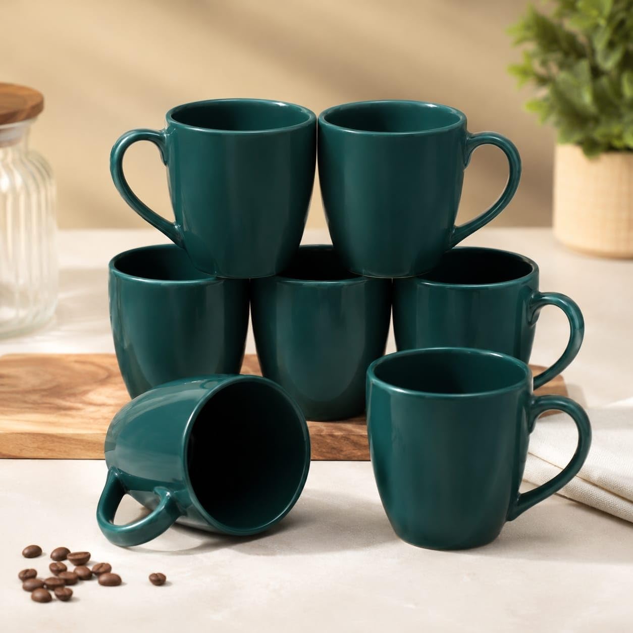 Teal Ocean Ceramic Coffee Mug Set of 6 - Large 200ml Glossy Green Tea Cups for Home, Kitchen, and Office - Microwave and Dishwasher Safe-image-48