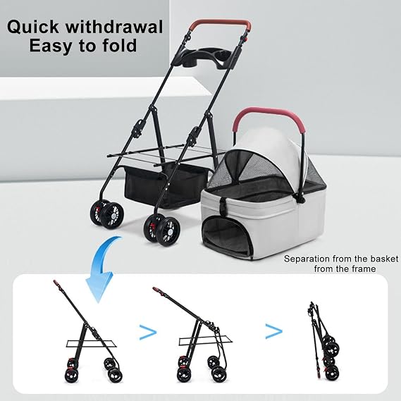 Saterkali Pet Stroller 4 Wheels, Foldable Dog Stroller,Pet Strollers for Dog and Cat,Dogs/Cat Puppy Strollers, 360-degree Rotating Wheels Travel Carrier Split Design Separable Bags for Small Animal