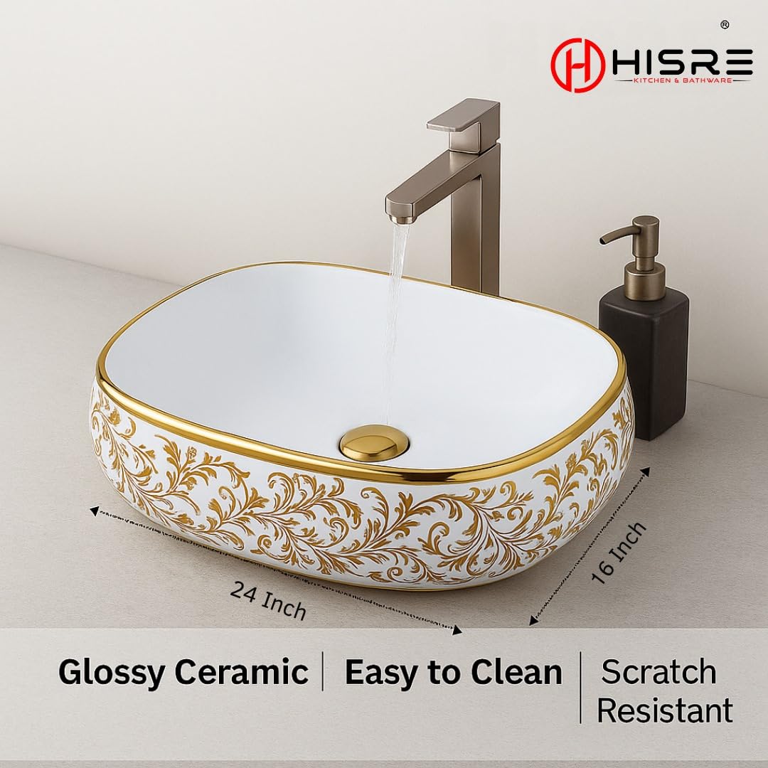 HISRE Table Top Wash Basin For Bathroom | Over Counter Top Wash Basin For Living Room | Golden Washbasin Countertop | Tabletop Ceramic Bathroom Kitchen Sink (24 x 16 x 6 Inch) (SKTHI2203), photo 2 of 5