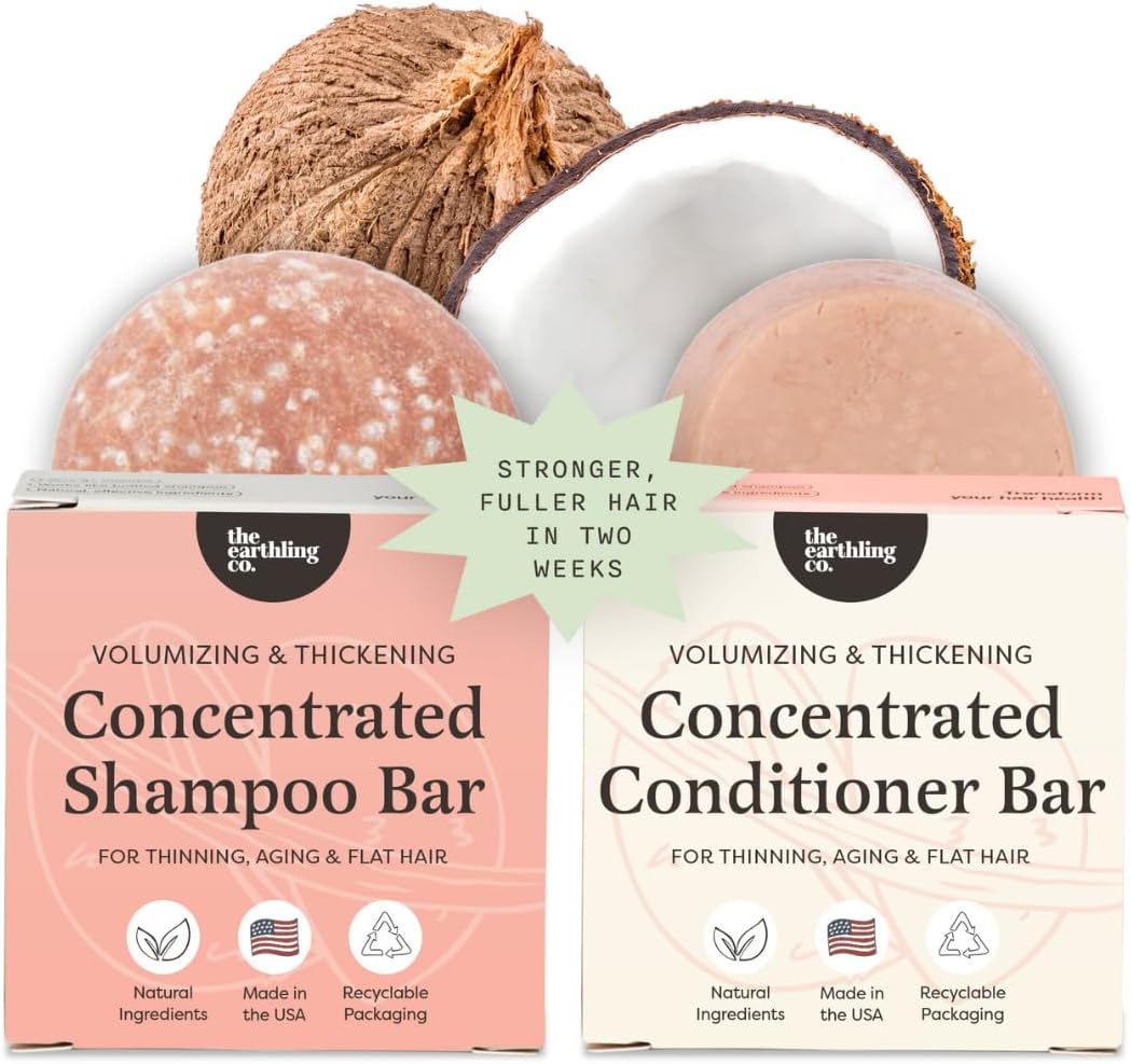 The Earthling Co. Volumizing Shampoo & Conditioner Bar Set For Thickening, Fullness, Strength, and Growth - Sulfate, SIlicone, Paraben Free for Thin, Flat, Fine Hair - Made in USA (Vanilla Coconut)