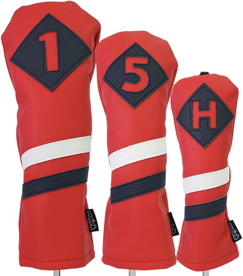 Majek Retro Golf Headcovers Red with White and Blue Stripe Vintage Leather Style 1 5 H Driver Fairway Wood and Hybrid Head Cover Classic Look