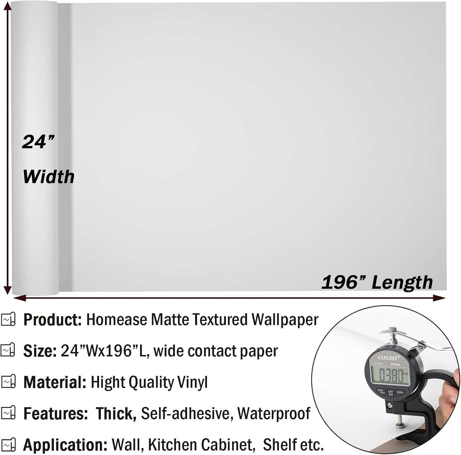 Homease White Wallpaper Peel and Stick Contact Paper for Walls Cabinets Countertops, Waterproof Textured Self Adhesive Vinyl Removable Wallpaper for Kitchen Bedroom, Thicken& Widen 24"x 196"