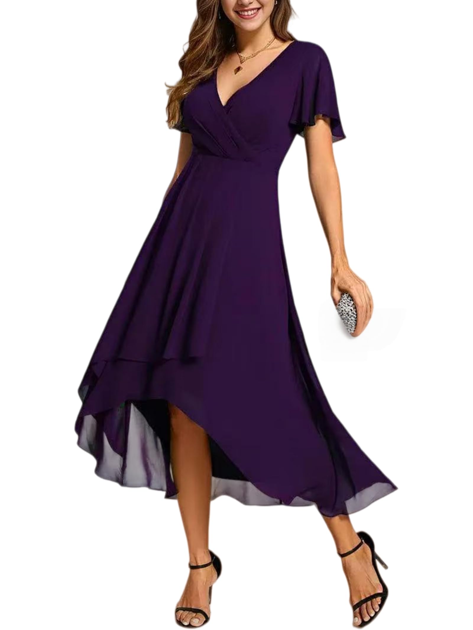 Abito da Festa Estivo da Donna in Chiffon a Tinta Unita con Scollo a V e Maniche a Volant
