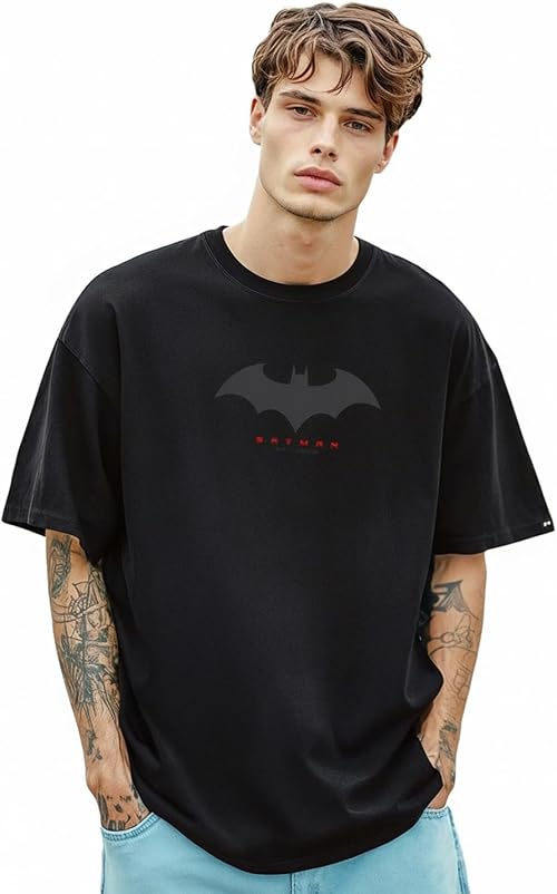 Bewakoof X DC Batman Men's Cotton Graphic Print Oversized Fit Half Sleeve Round Neck T-Shirt | Casual Wear | S