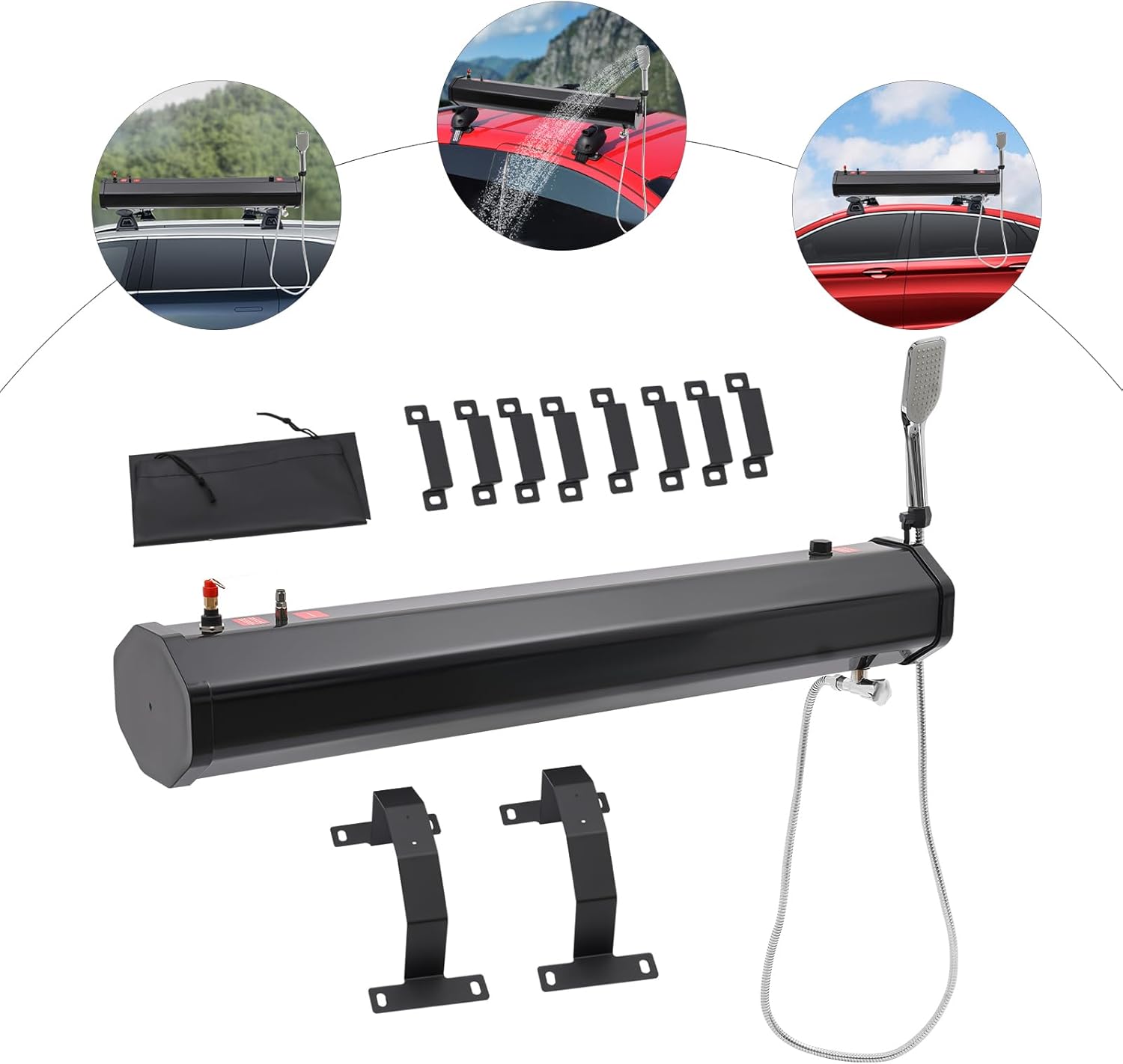 YIYIBYUS Roof Rack Water Tank, 1.6Bar Road Shower Portable Water Tank for Camping Roof Mounted Outdoor Water Supply Shower Kit with Storage Bag, 5.58 Feet of Water Hose