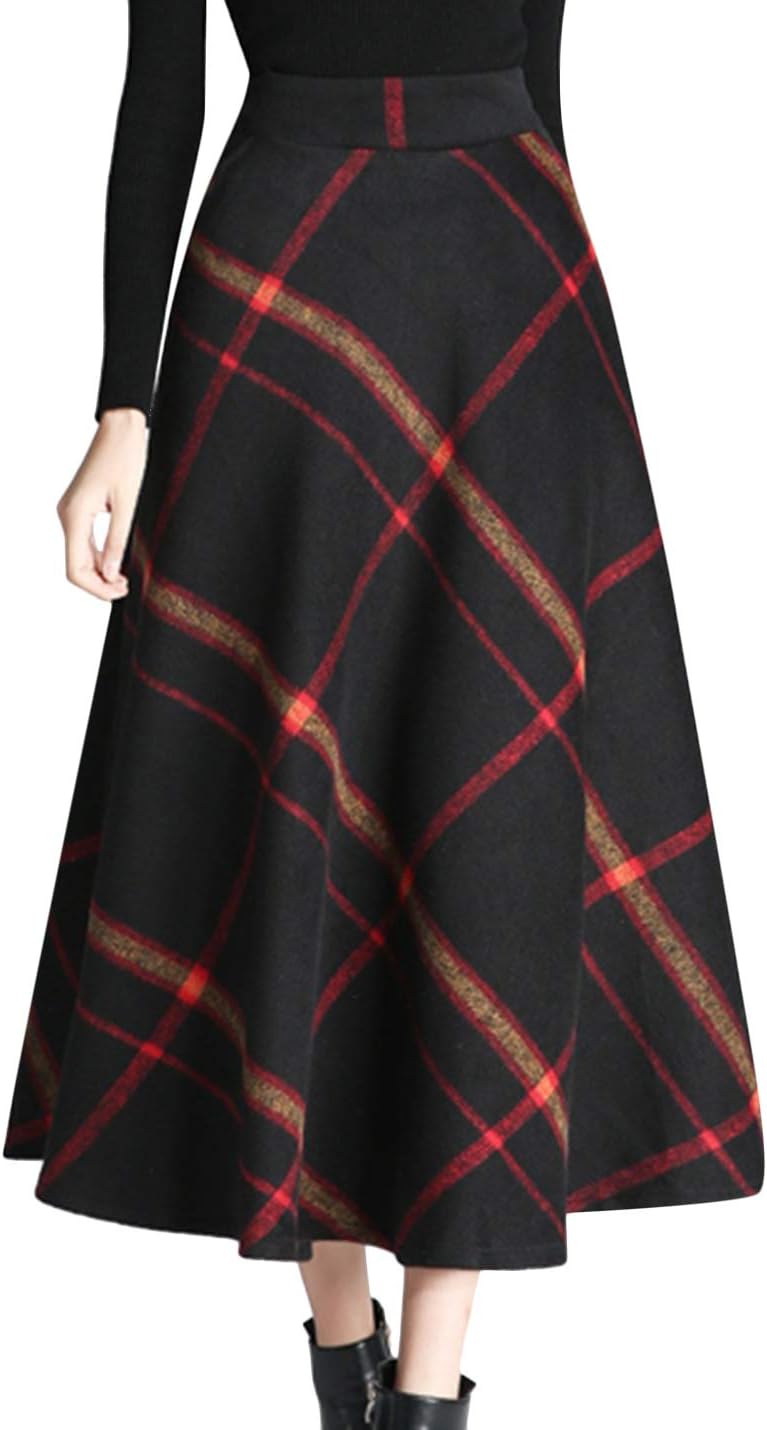 Tanming Women's Winter Warm Elastic Waist Wool Plaid A-Line Pleated Long Skirt