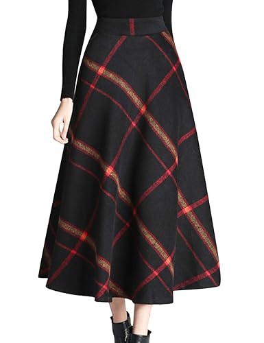 Tanming Women's Winter Warm Elastic Waist Wool Plaid A-Line Pleated