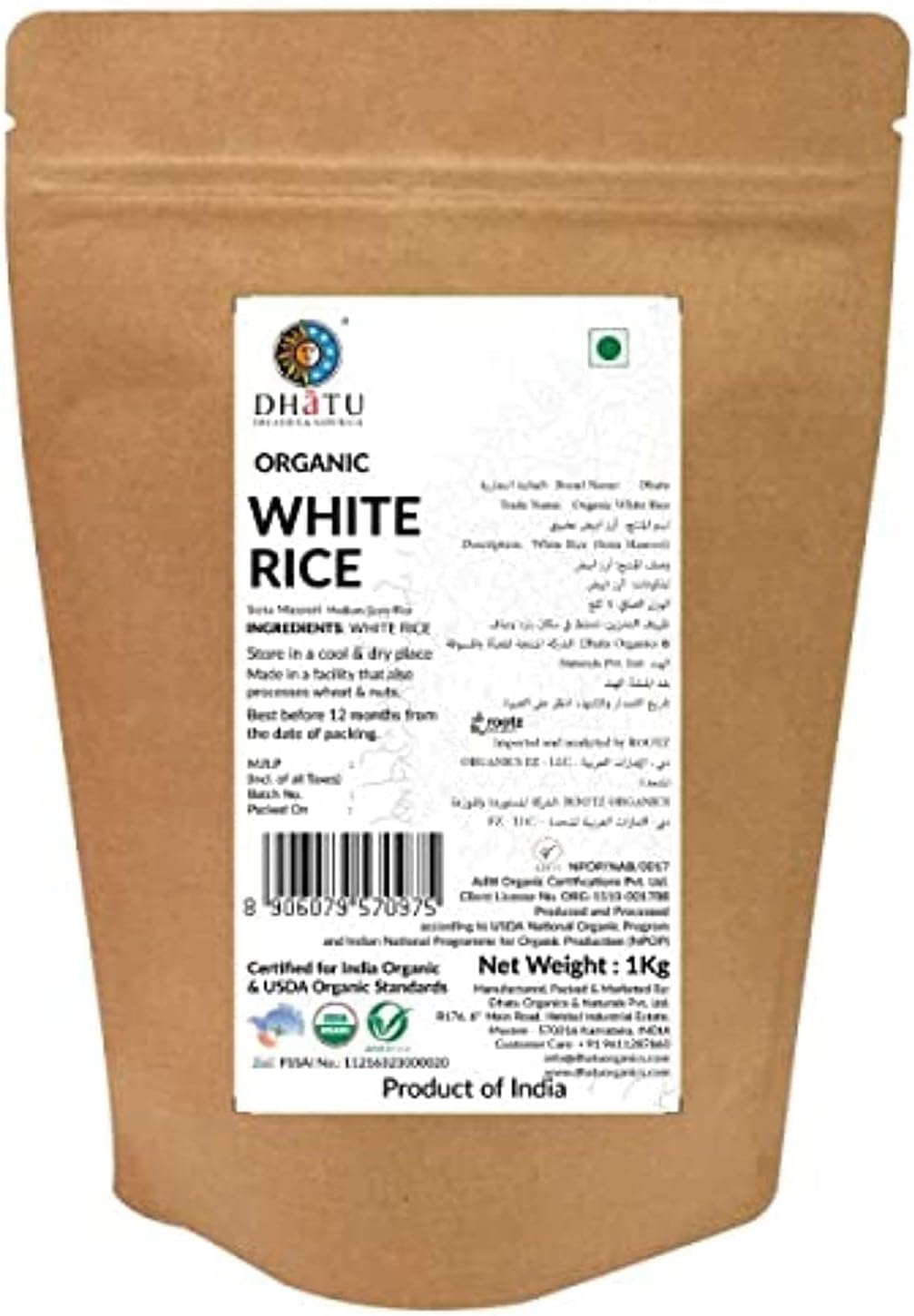 Dhatu By Rootz Organics White Sona Masoori Rice 1Kg - Organic White Sona Masuri Rice Indian Organic Sonamasoori Healthy Aromatic Medium Grain